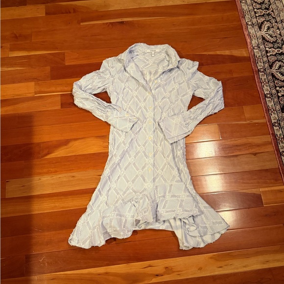 10 Derek Lam Light Blue Patterned Stripe Long Sleeve Dress - Picture 4 of 9